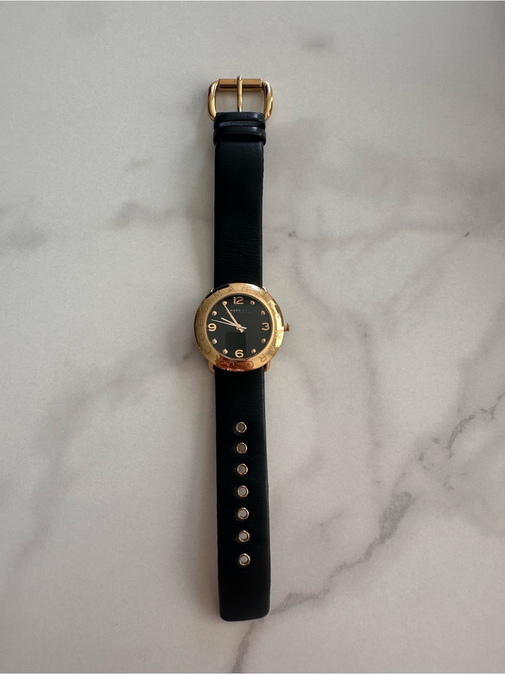 Marc Jacobs Black Leather Watch with Gold-Tone Case